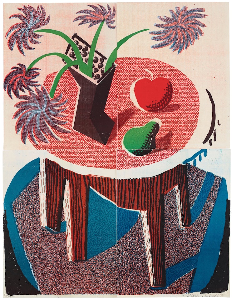 "Flowers, apple and pear on table" by David Hockney