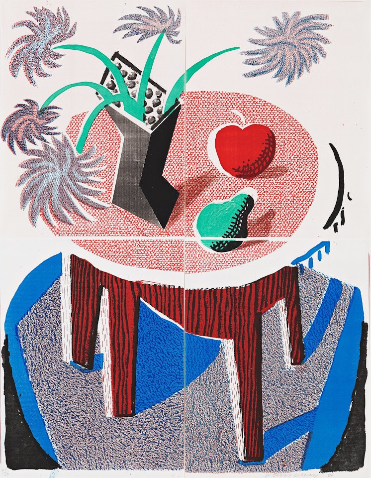 "Flowers, apple and pear on table" by David Hockney