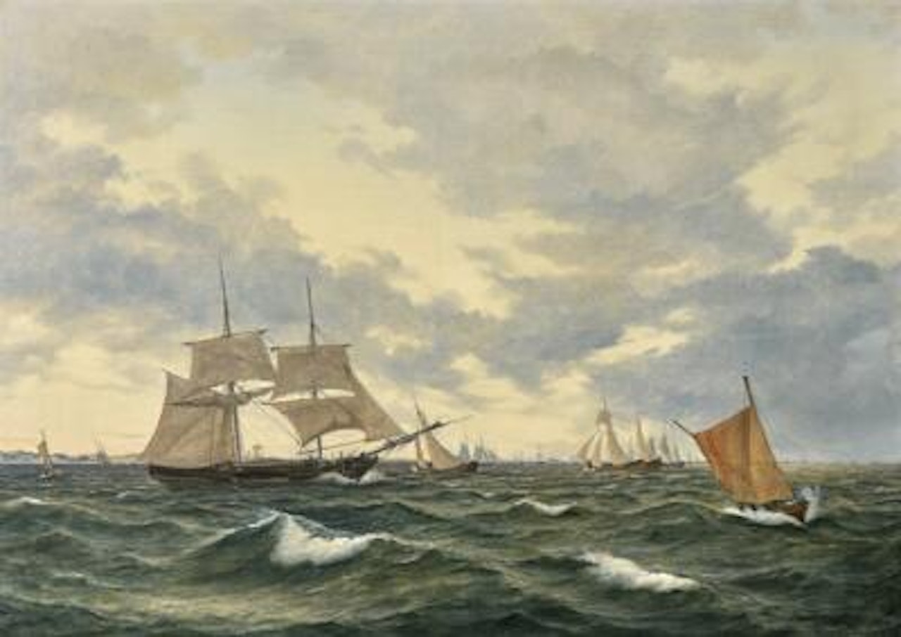 “Endeel forskiellige Coffardieskibe, krydsende i stiv Kuling til den i Baggrunden liggende Helsingöers Rhed”. A number of different Coffardie ships (merchant ships), crossing in a stiff gale to the roadstead of Helsingör in the background by Anton Melbye