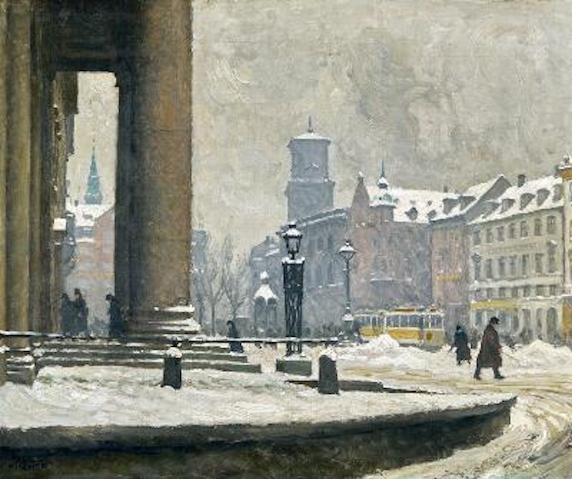 A winter day at Nytorv with the columns outside Domhuset (Copenhagen City Court). In the background the Cathedral. Winter by Paul Fischer