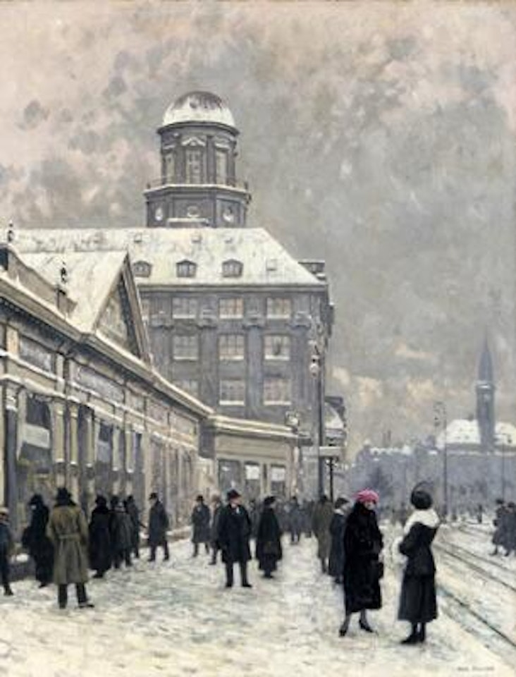 A winter day at Vesterbrogade with women in conversation in front of Bergenholz Kunsthandel (art gallery) in Centralpavillonen by Paul Fischer