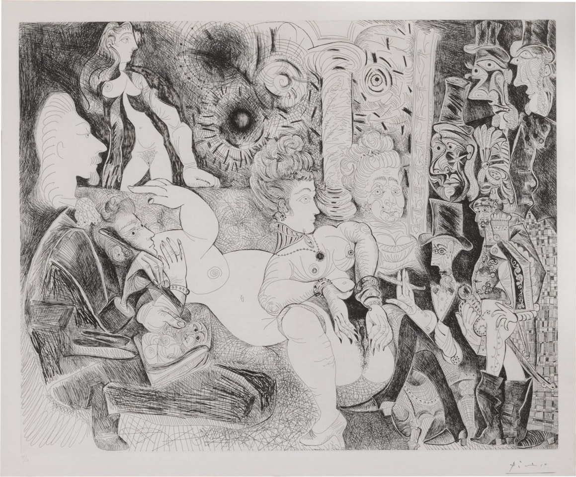 Peintre á lavallière dessinant son modéle dans le cadre de la maison tellier (B. 1871; Ba. 1876) by Pablo Picasso