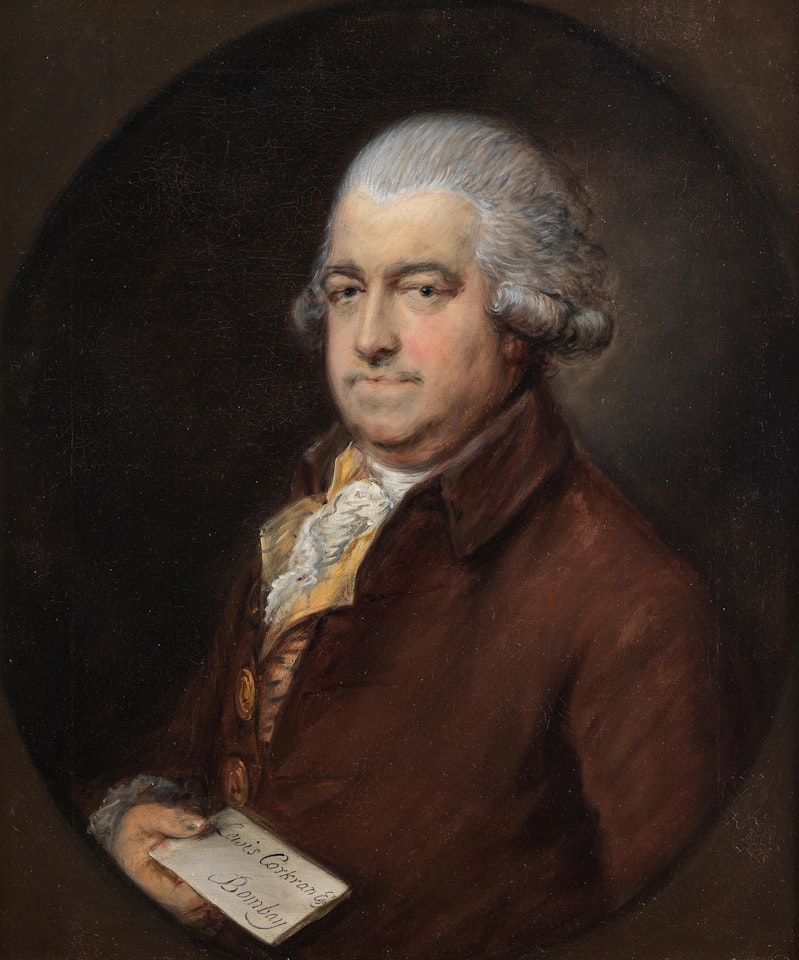 Portrait of Mr G. Hammond, half-length, in a brown coat, holding a letter, within a painted oval by Thomas Gainsborough