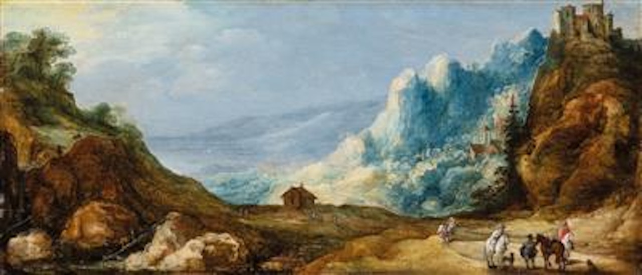 An extensive mountainous landscape with riders by Joos de Momper the Younger