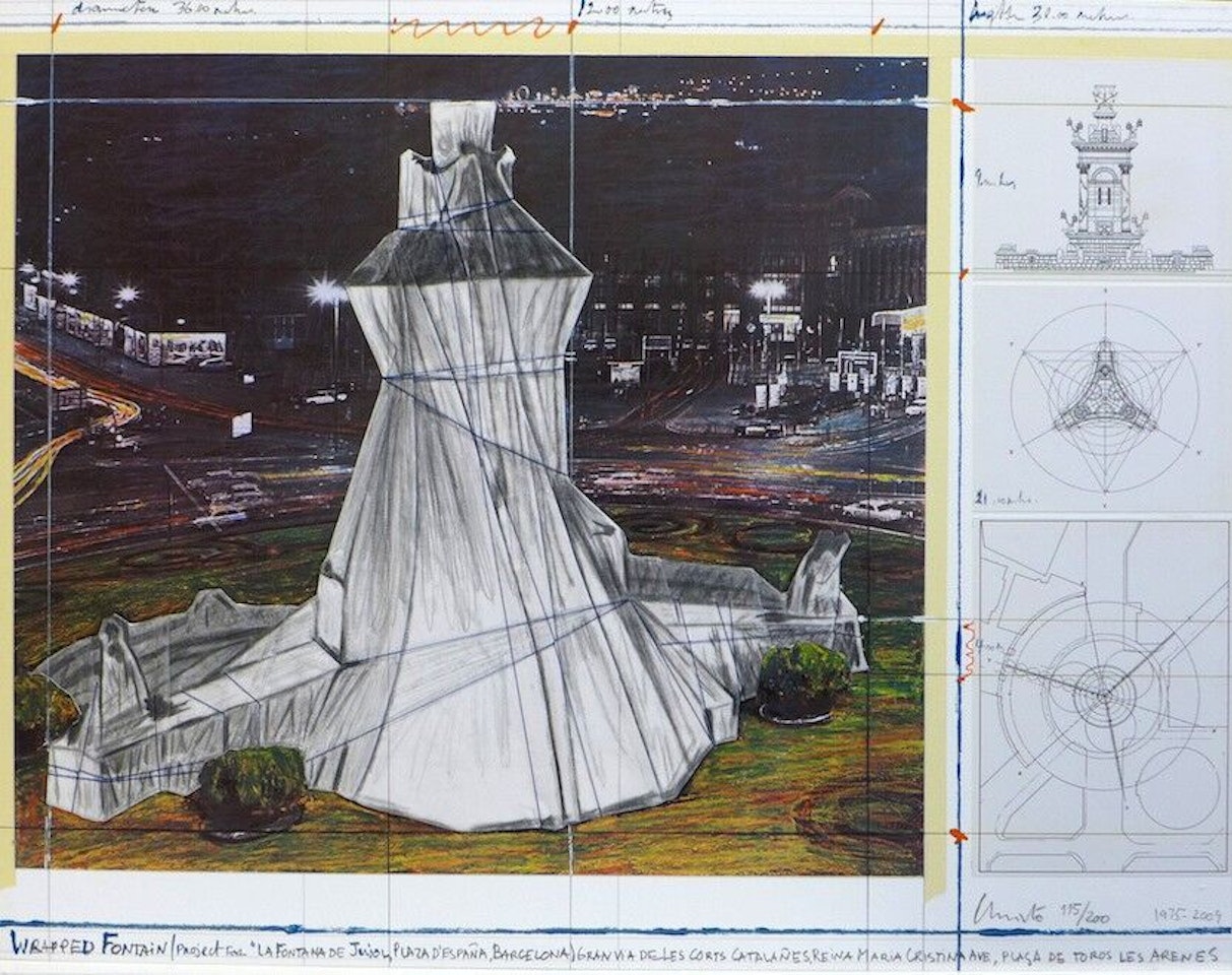 Wrapped Fountain, Project for La Fontana de Jujol, Plaza de Espana, Barcelona by Christo