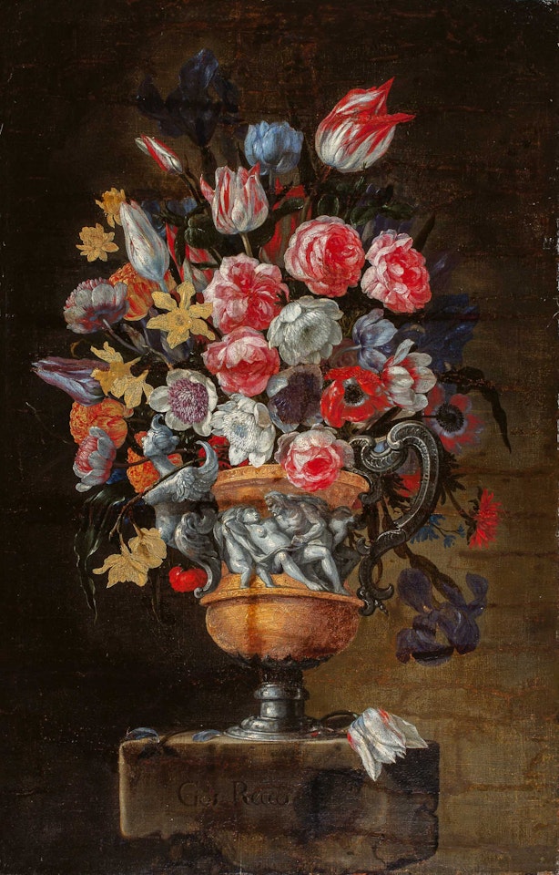 Still life of roses, tulips and narcissi in a vase on pedestal by Giuseppe Recco