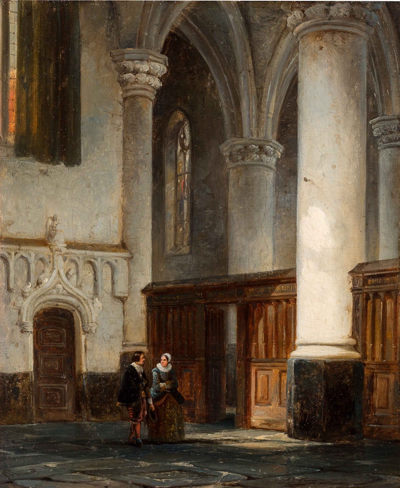Elegant couple in a Dutch church interior by Cornelis Springer