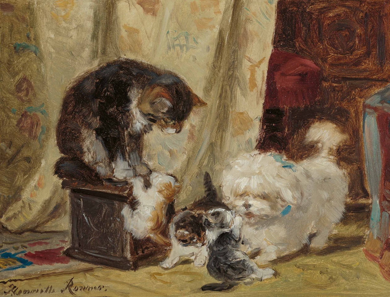 A Terrier Playing with Kittens by Henriette Ronner-Knip