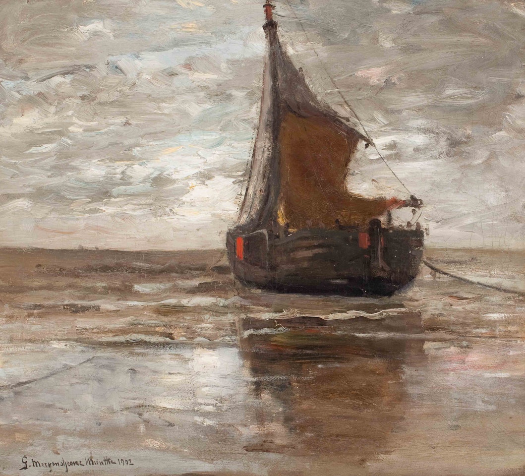 Bomschuit riding at anchor, at low tide by Gerhard Arij Ludwig Morgenstjerne Munthe