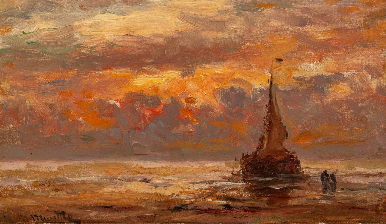 Moored bomb barge at sunset by Gerhard Arij Ludwig Morgenstjerne Munthe