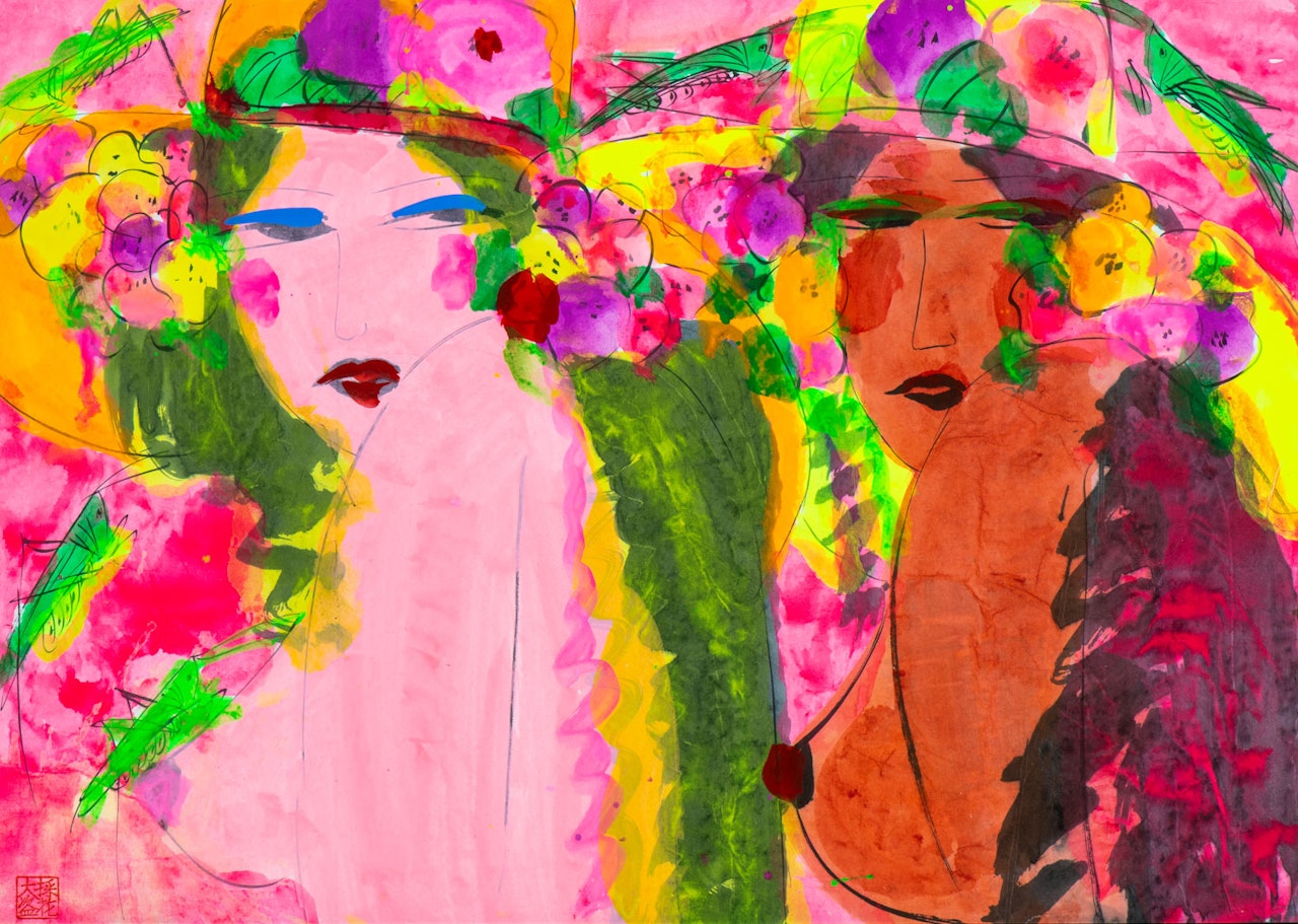 Two Ladies With Flowers by Walasse Ting
