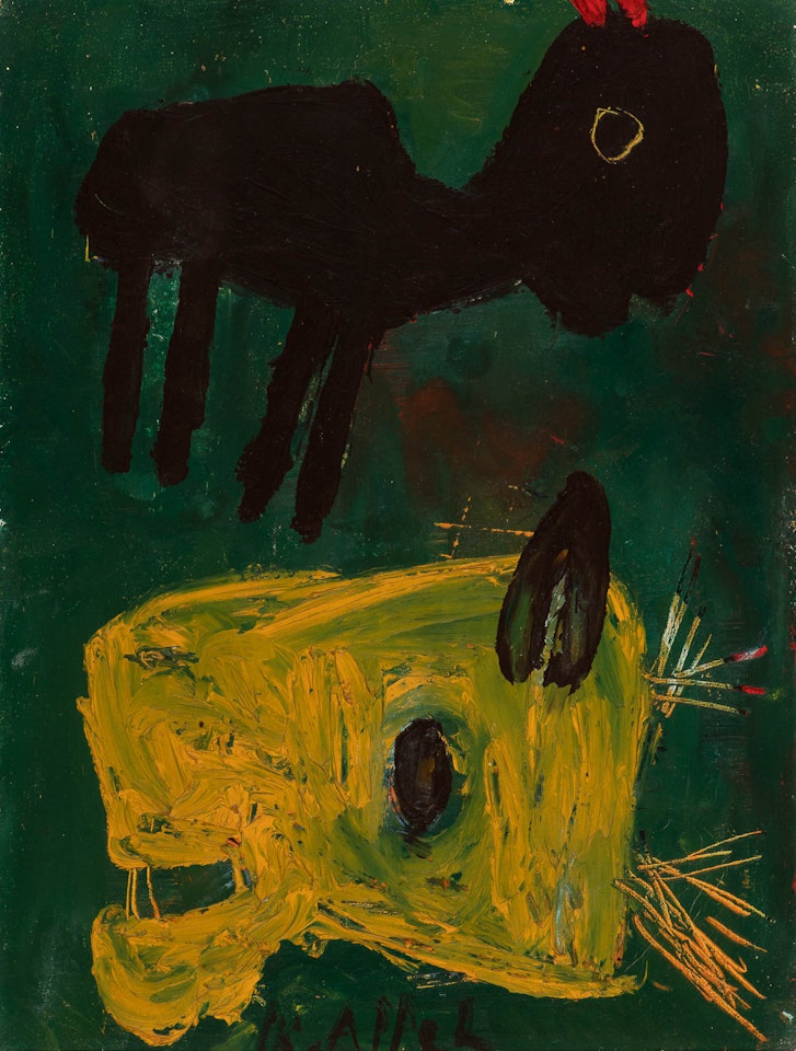Animals on blue-green background by Karel Appel
