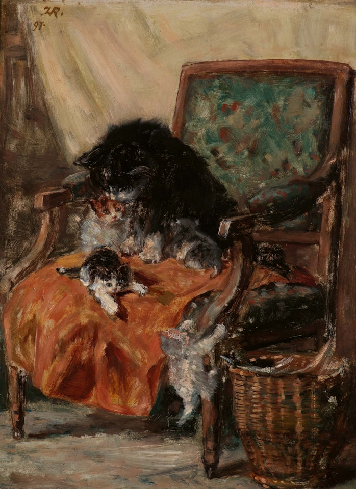 Mother watching her four playful kittens by Henriette Ronner-Knip