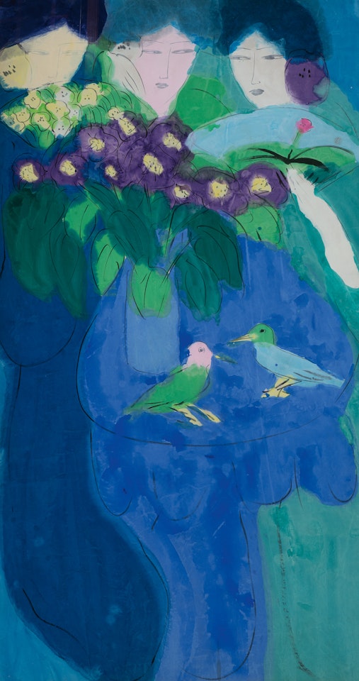 Three Beauties With Flowers and Birds (c. 1980) by Walasse Ting