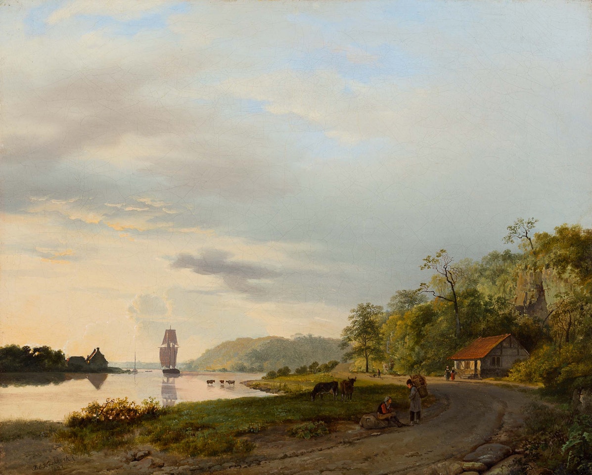 Country road with figures on the edge of a lake by Barend Cornelis Koekkoek