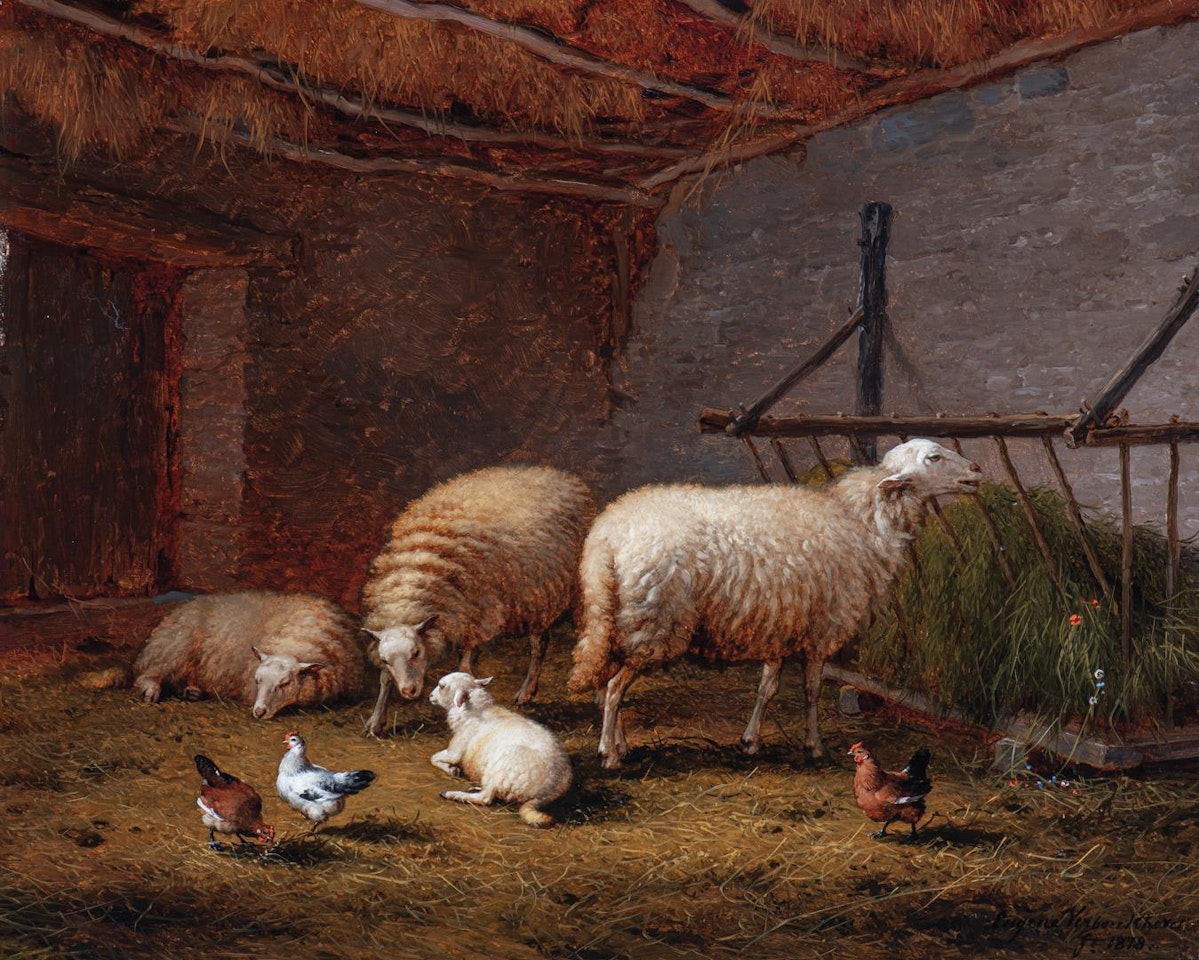 A Barn with Sheep and Chickens by Eugène Joseph Verboeckhoven