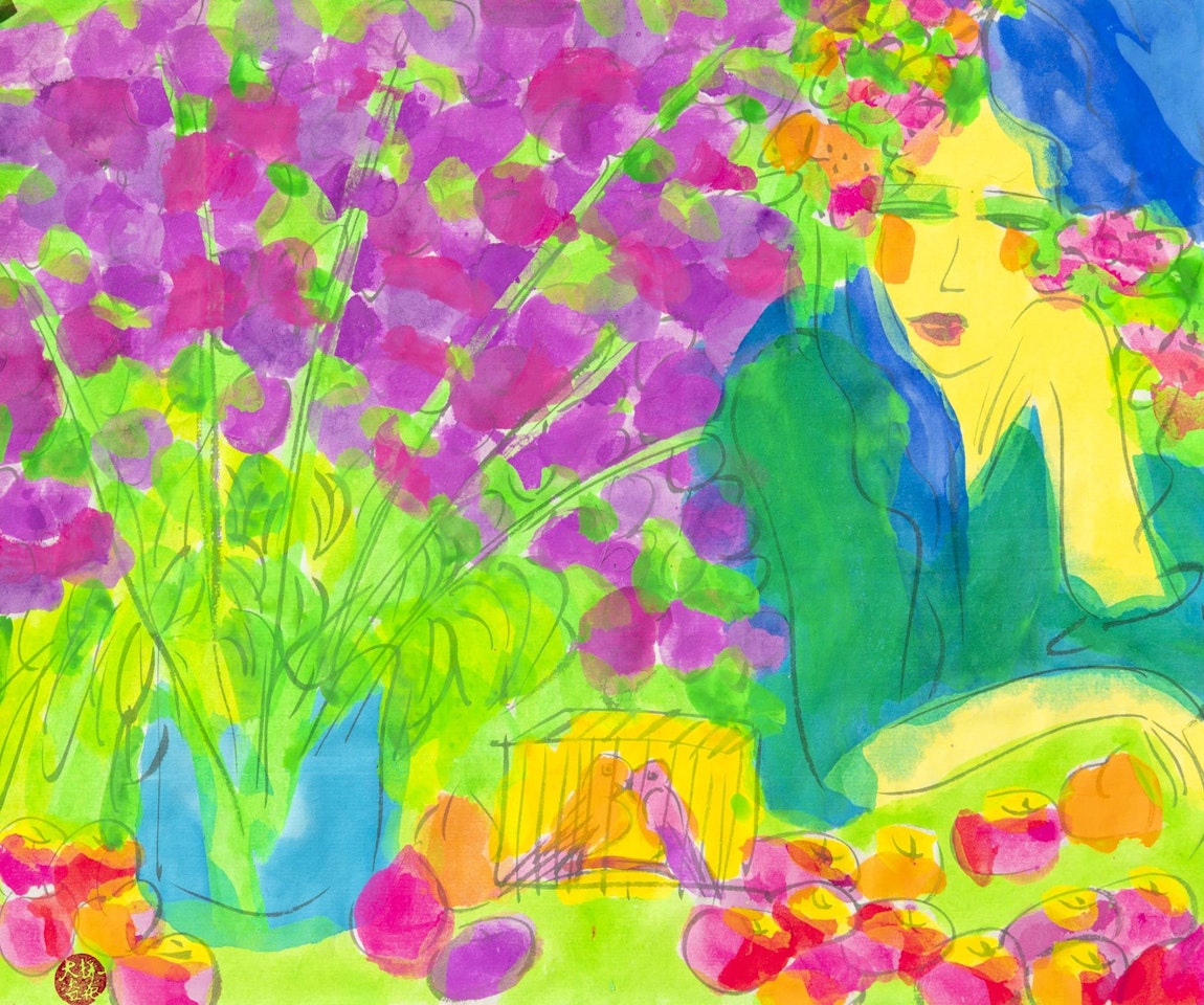 Young Girl with Love Birds and Flowers and Fruit by Walasse Ting