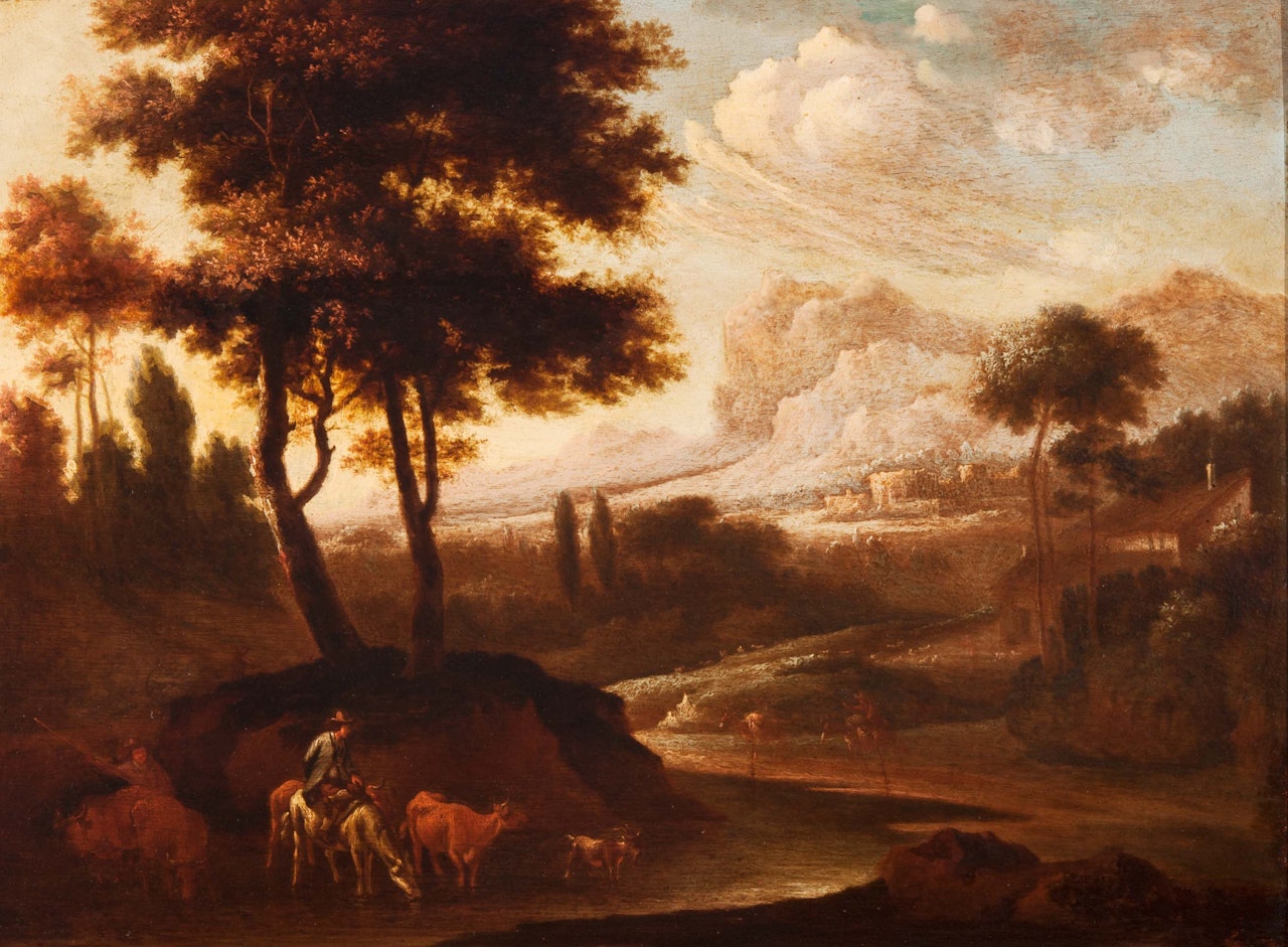 Shepherds with cattle in a wide landscape with a ruin and mountains in the background by Dutch School