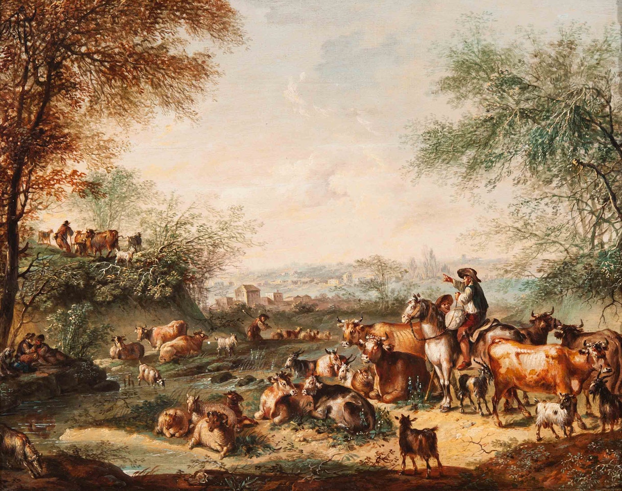 Shepherds with cattle in an Italianized landscape by German School