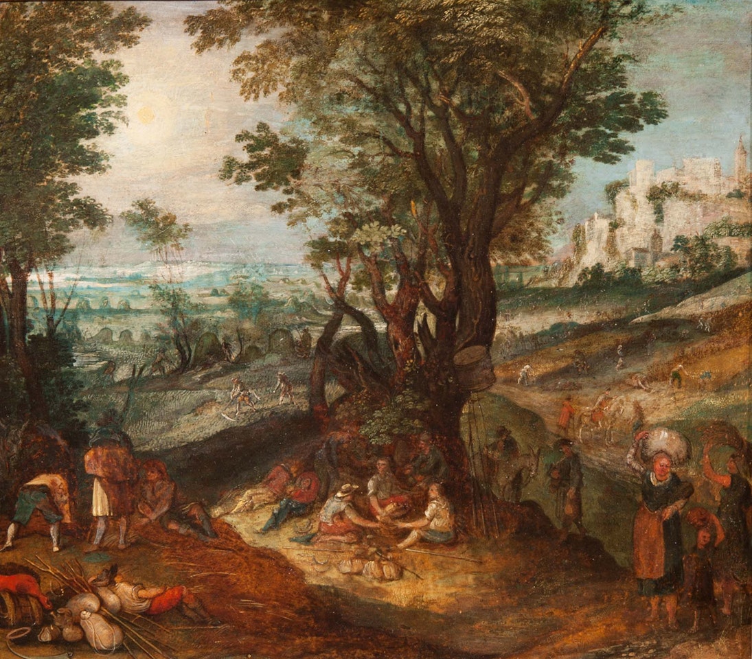 Resting and working figures on the land with a fortified town in the background by Flemish School