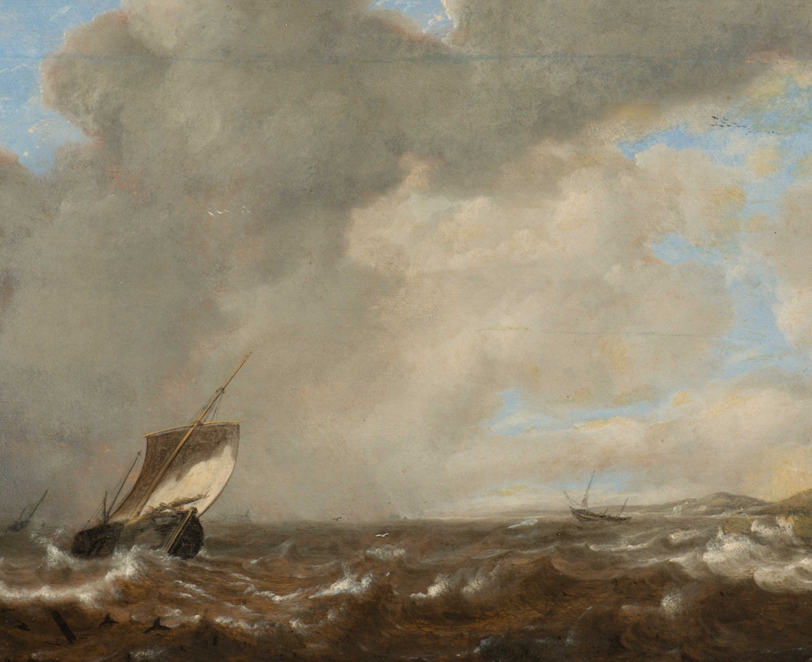 Ships in choppy waters by Dutch School