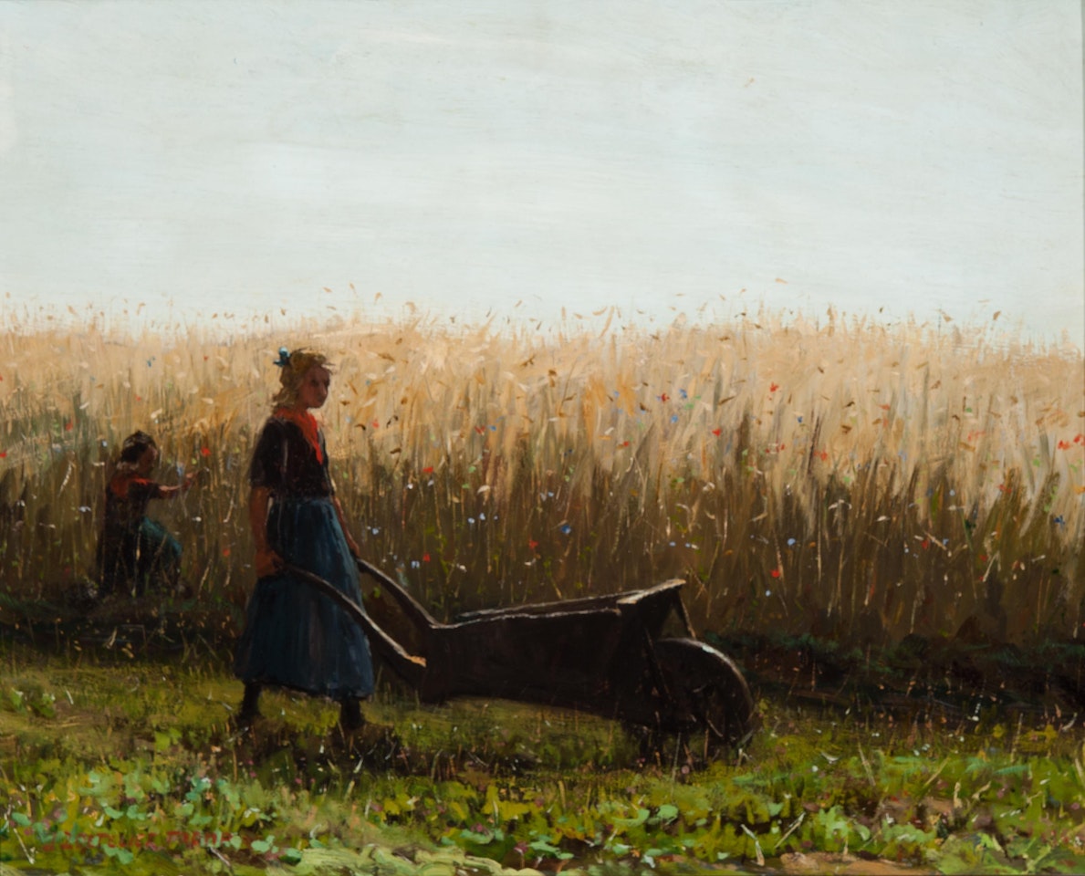 Girls walking in a field with a wheelbarrow by Jan Zoetelief Tromp