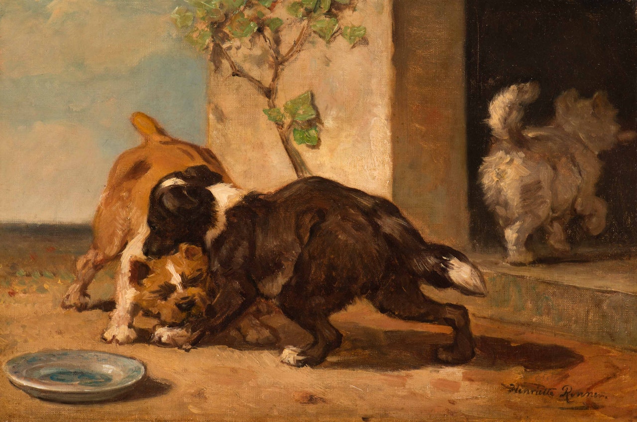 Two dogs fighting over a bone by Henriette Ronner-Knip