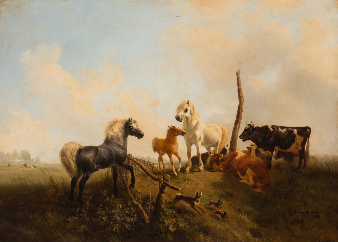Dutch meadow landscape with horses, cattle and rabbits (circa 1845) by Henriette Ronner-Knip