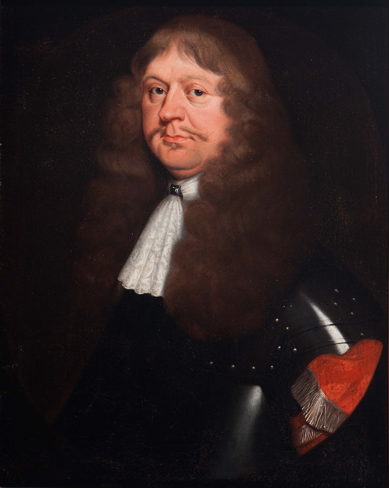 Portrait of an officer in armor with white lace jabot and long brown curling hair by Dutch School