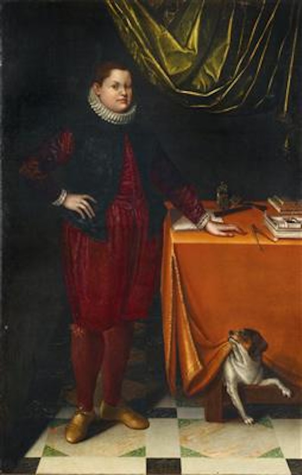 Portrait of an adolescent boy by a desk, with a dog by Lavinia Fontana