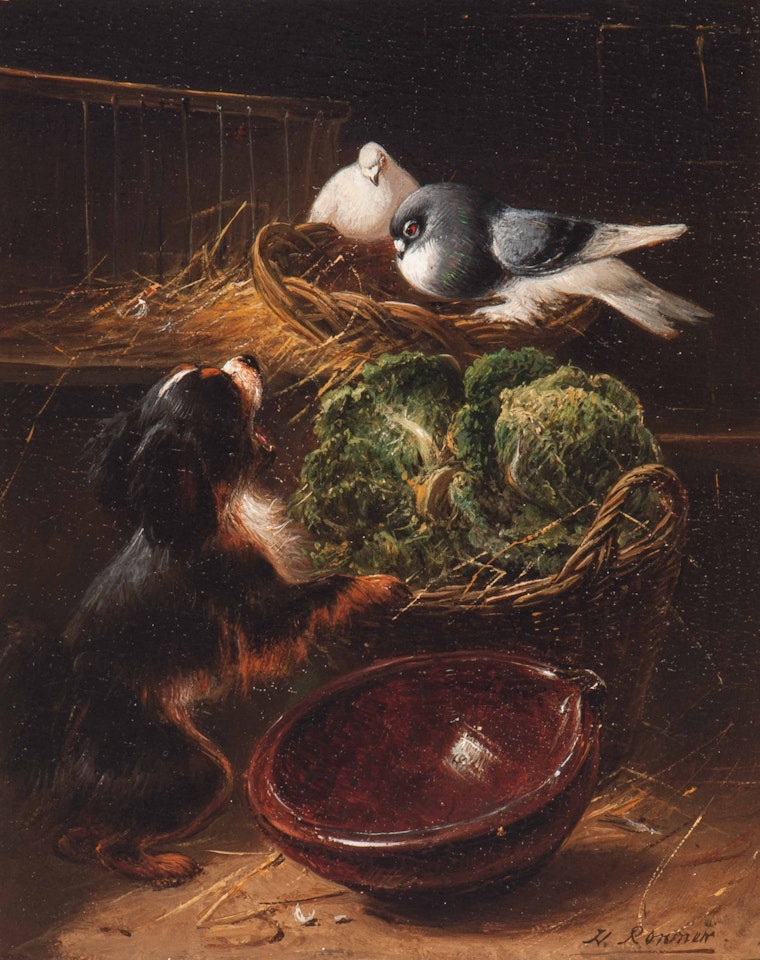 Dog yapping at two pigeons by Henriette Ronner-Knip