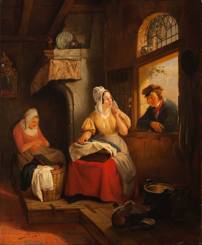 Whispering by the kitchen window by Dutch School