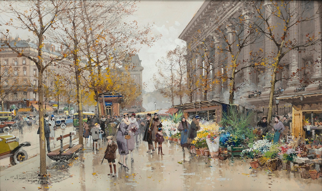 "Marché aux fleurs à Madeleine" by Eugene Galien-Laloue