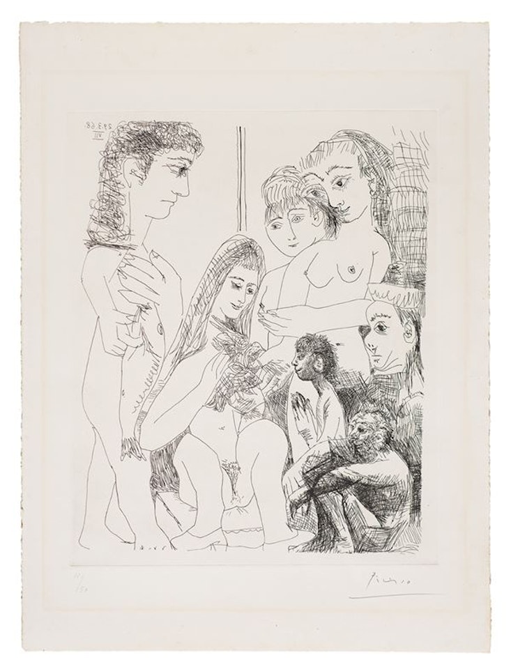 Old man thinking about ancient painting: Madonna with bird and Saint John, figure with fish and girls (from series 347) by Pablo Picasso