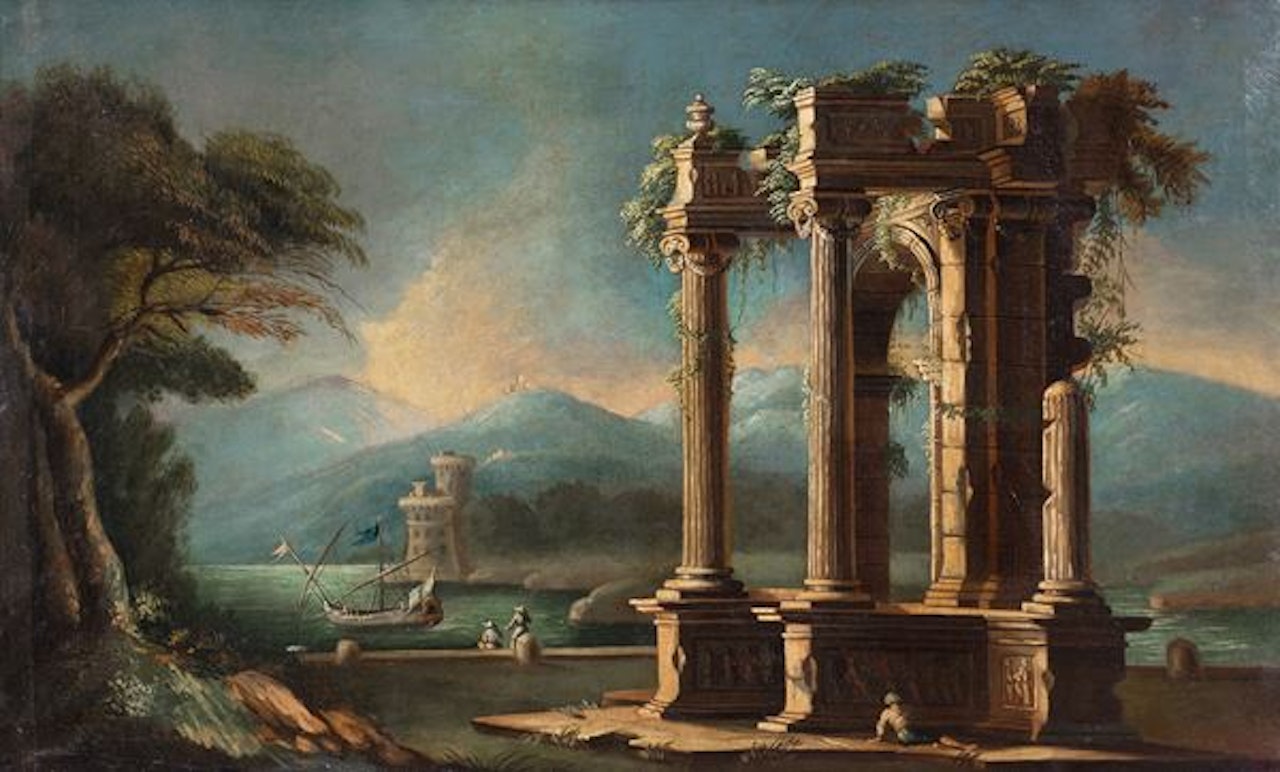 Marina with caprices of ancient ruins by Italian School