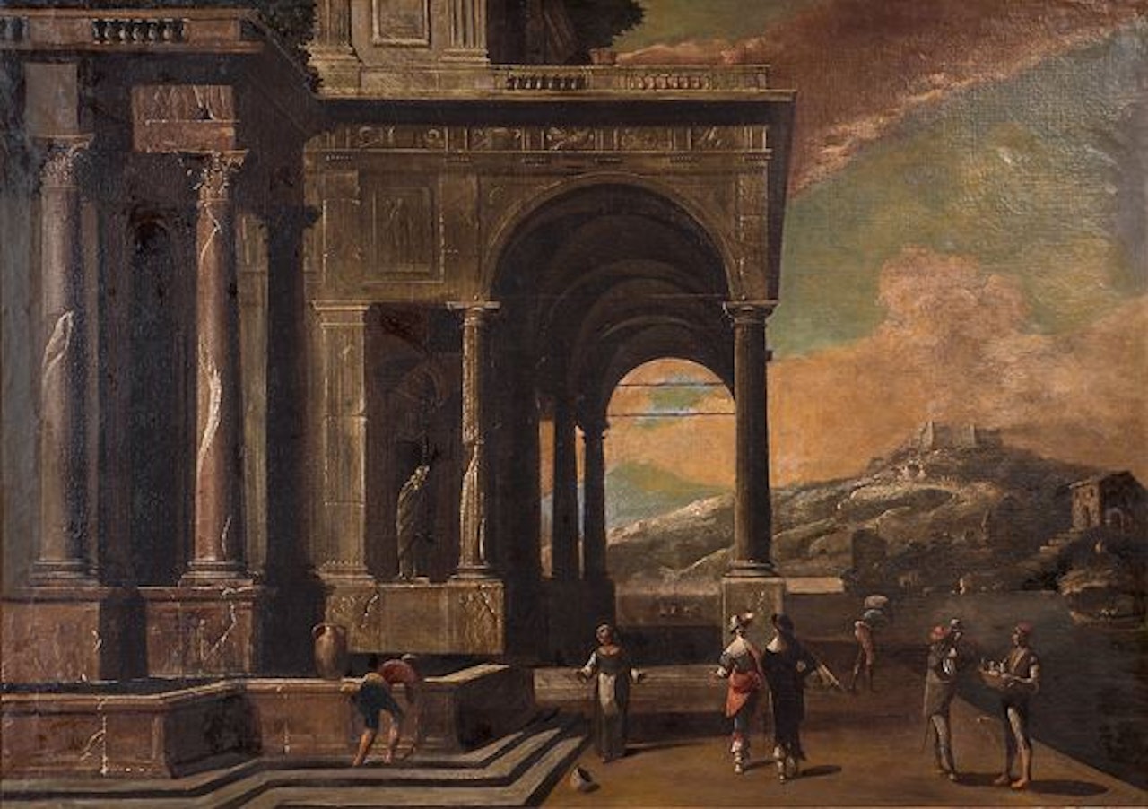 Building with Corinthian columns, Doric order loggia near a source and with bystanders in the foreground and Vomero hill with Castel Sant"Elmo in the background by Viviano Codazzi