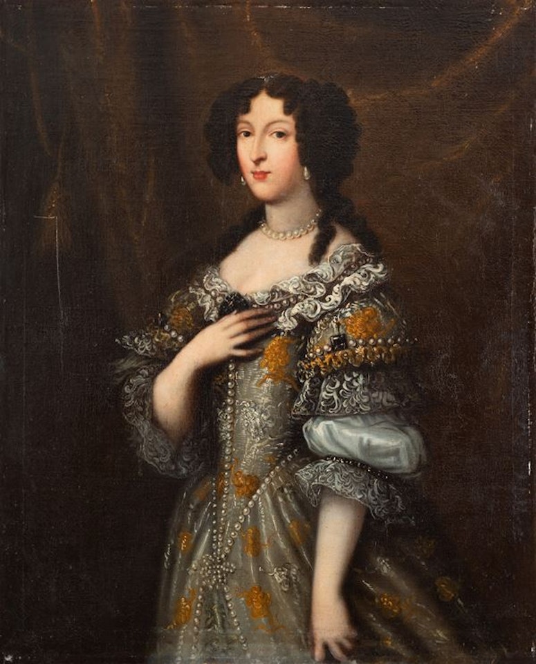 Half-length portrait of a gentlewoman in a damask dress with rich pearl embroidery by Roman School