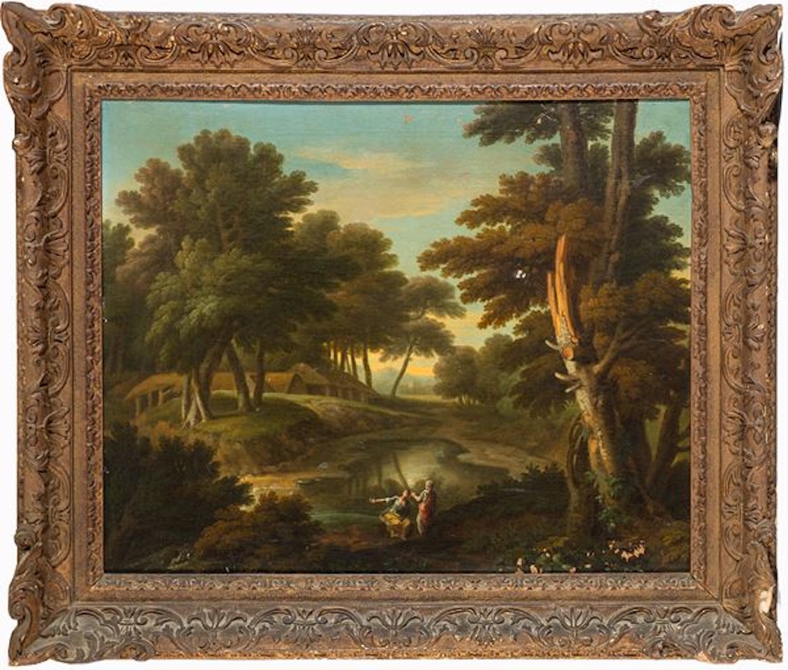 Wooded landscape with wayfarers resting by a pond by English School