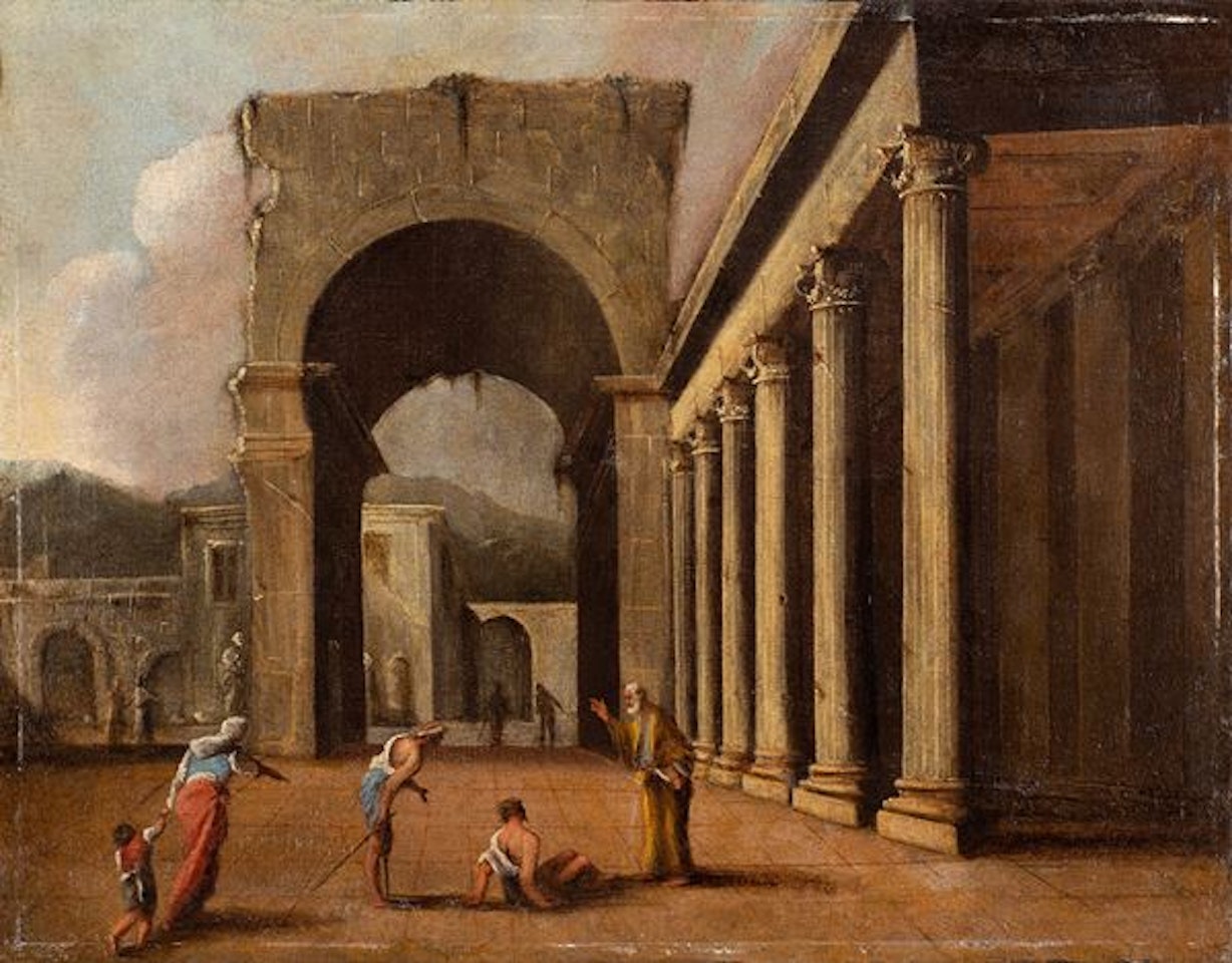 The miracle of Saint Peter b) Piazza di Roma with porticoes and temple in the background by Neapolitan School