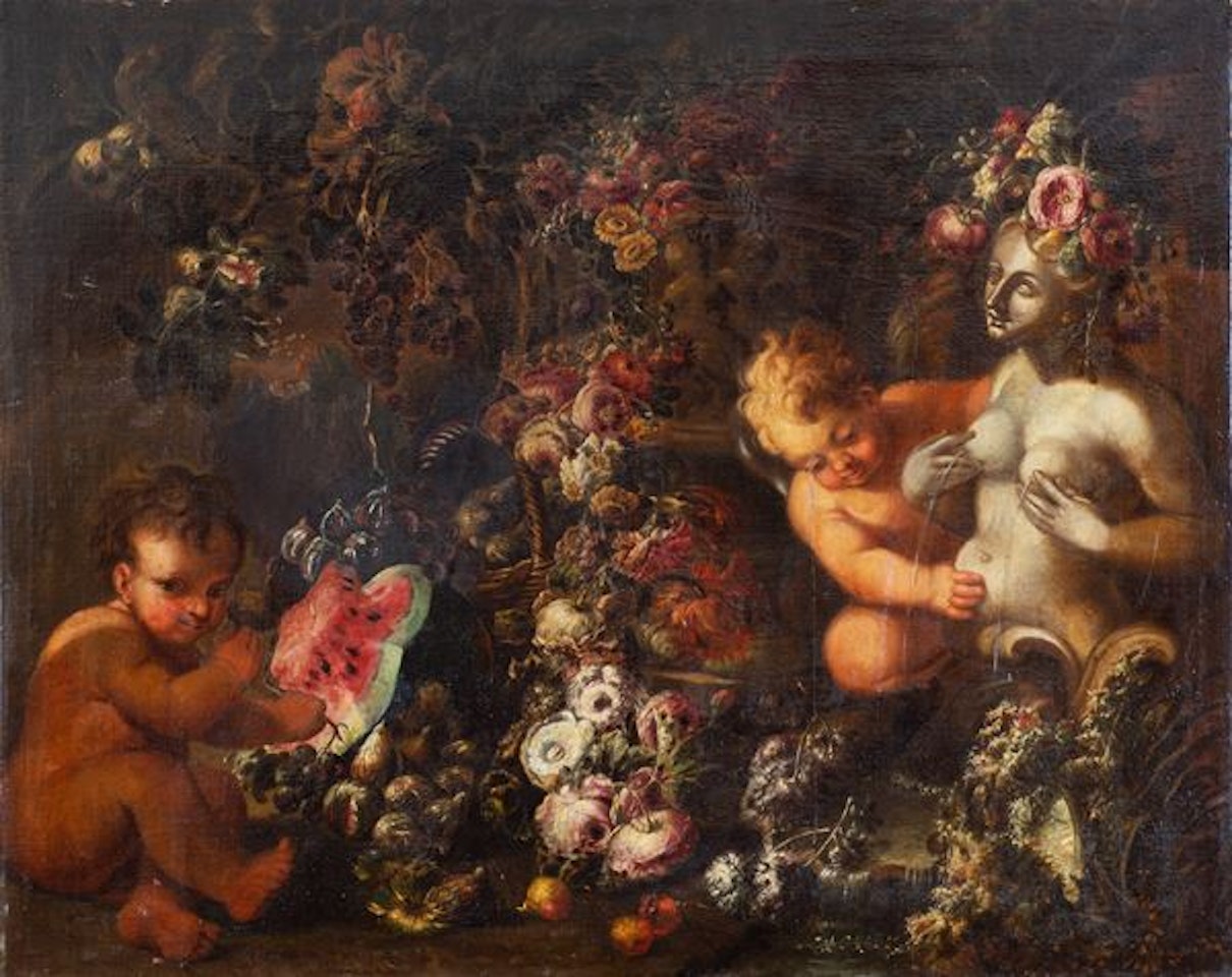 Triumph of flowers and fruit with cherubs and a classical sculpture by Neapolitan School