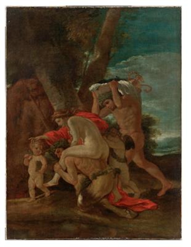A satyr carrying a nymph on his back, with putti and a faun in an arcadian landscape by Nicolas Poussin