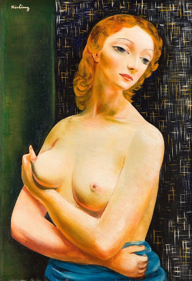 Half-nude of a young girl ("Portrait de Jeune Femme au Buste Nu [Ingrid Rouge]") by Moïse Kisling