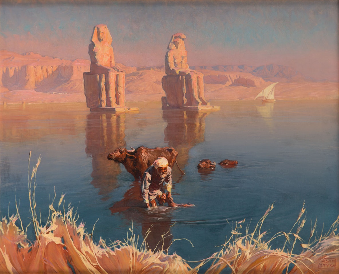 Oxen Watering by the Colossi of Memnon in Thebes by Adam Styka