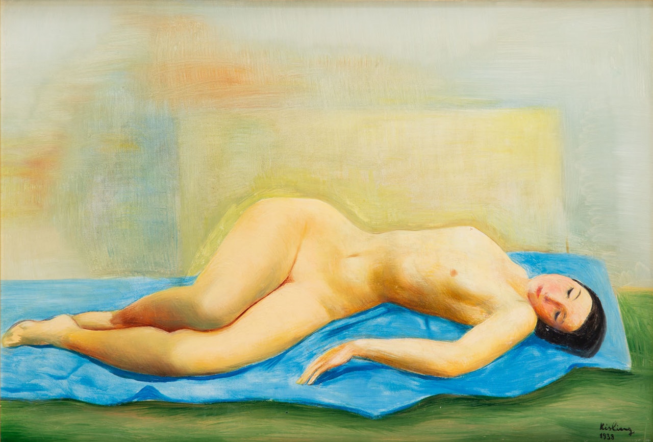 Female nude on the blue drapery ("Nu couché", "Jeune femme nue étendue") by Moïse Kisling