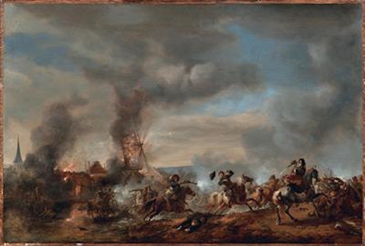 A cavalry engagement with a burning windmill by Philips Wouwerman