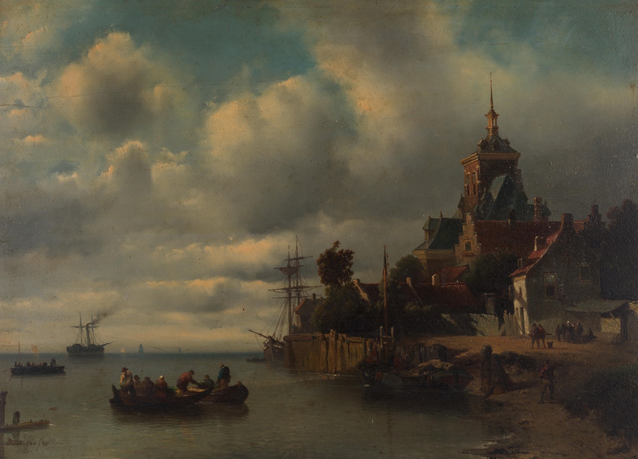 Harbour scene by Dutch School