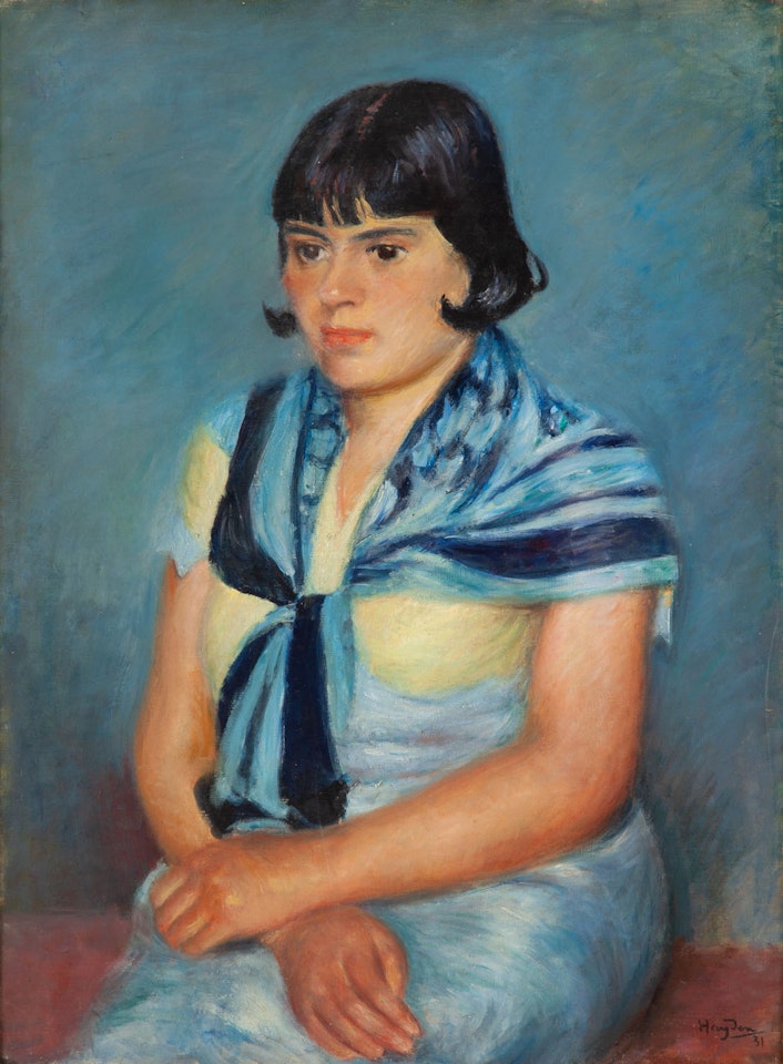Girl in a blue scarf by Henri Hayden
