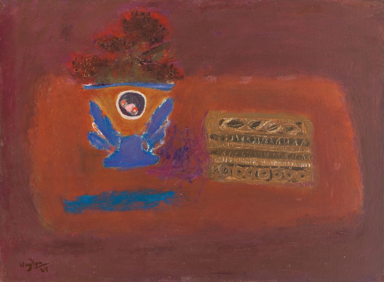Still life with blue vase and sewing box by Henri Hayden