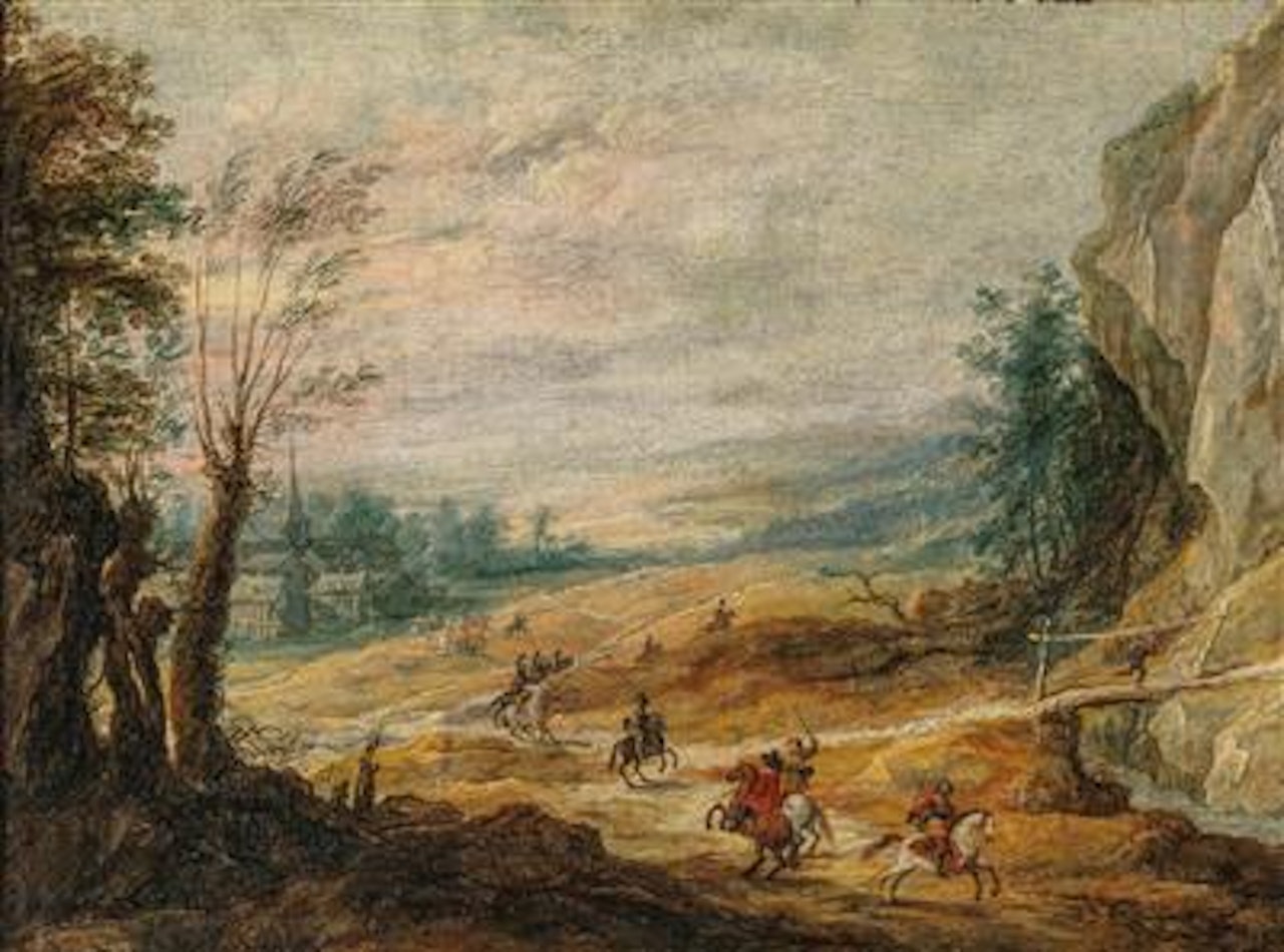 A mountainous landscape with horsemen chasing a thief by Joos de Momper the Younger