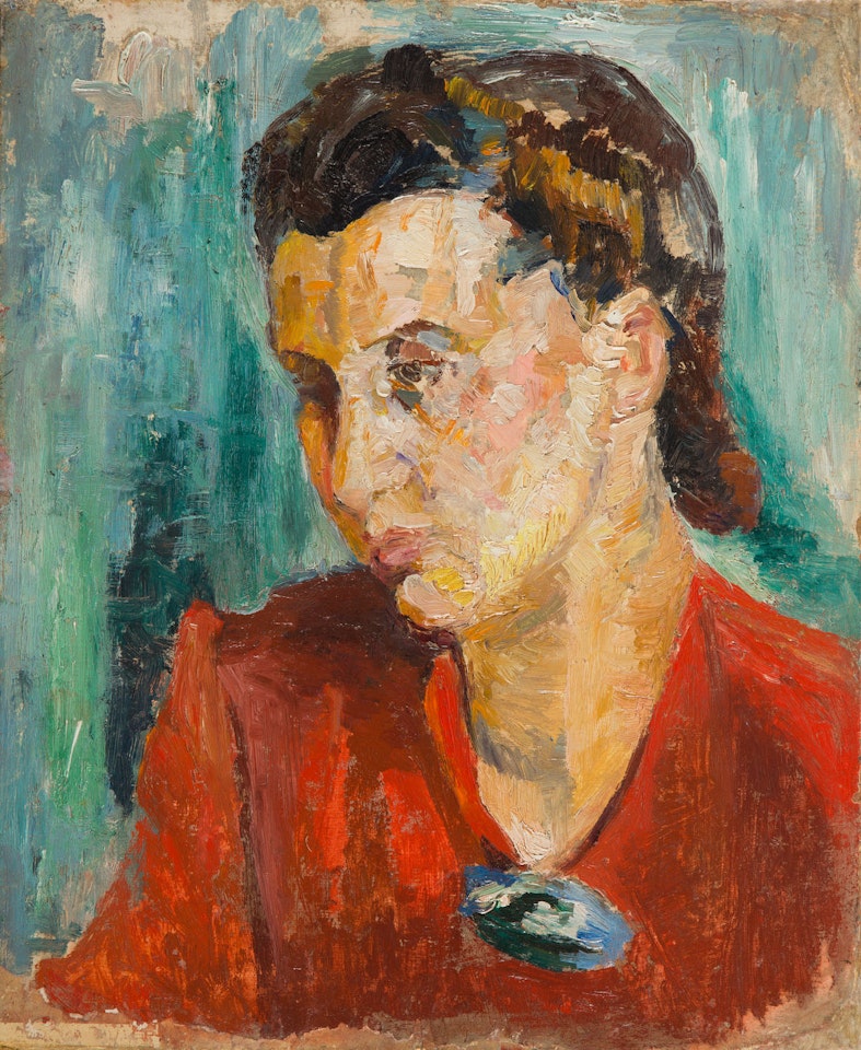 Portrait of a lady in a red shirt by Mela Muter
